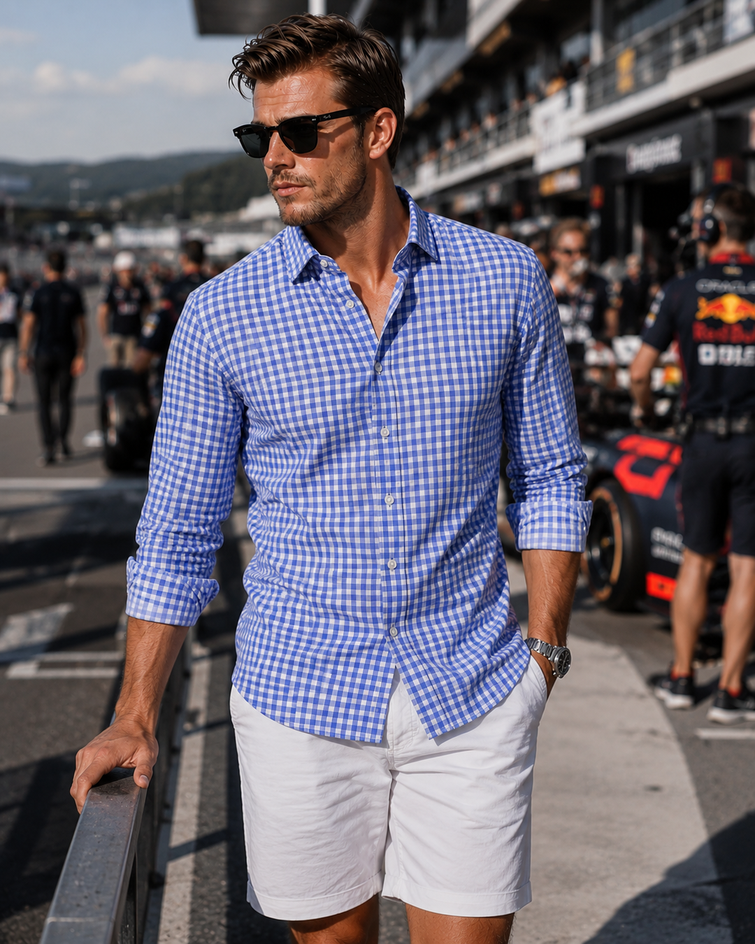 Man wearing Mauro Blue Tech Shirt with Eagle Short at Formula One