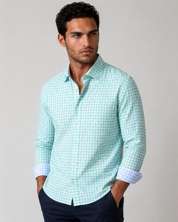 Mauro Long Sleeve Check Tech Shirt - Emerald-LONG SLEEVE SHIRTS-BUKI-M-Emerald-Buki
