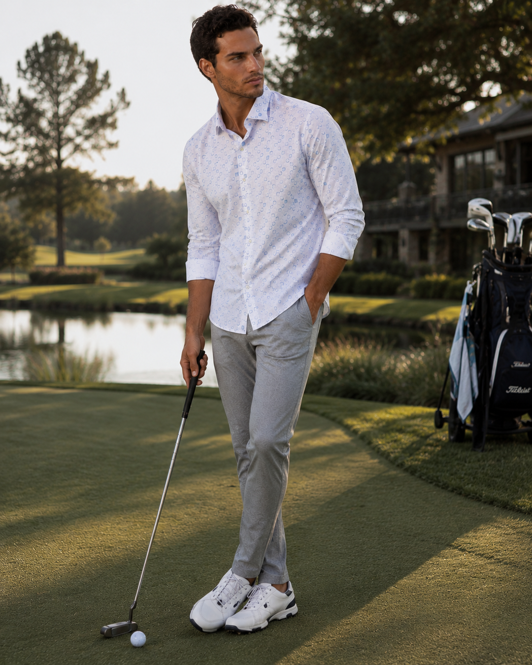 Man in golf attire wearing a Buki Out of the Box Tech Shirt with the High Five Pant.