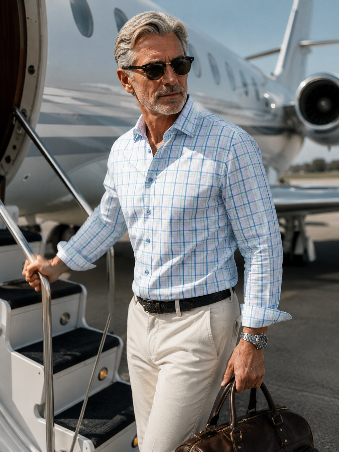 Man about to board a private jet wearing a Buki Pacific Grid 