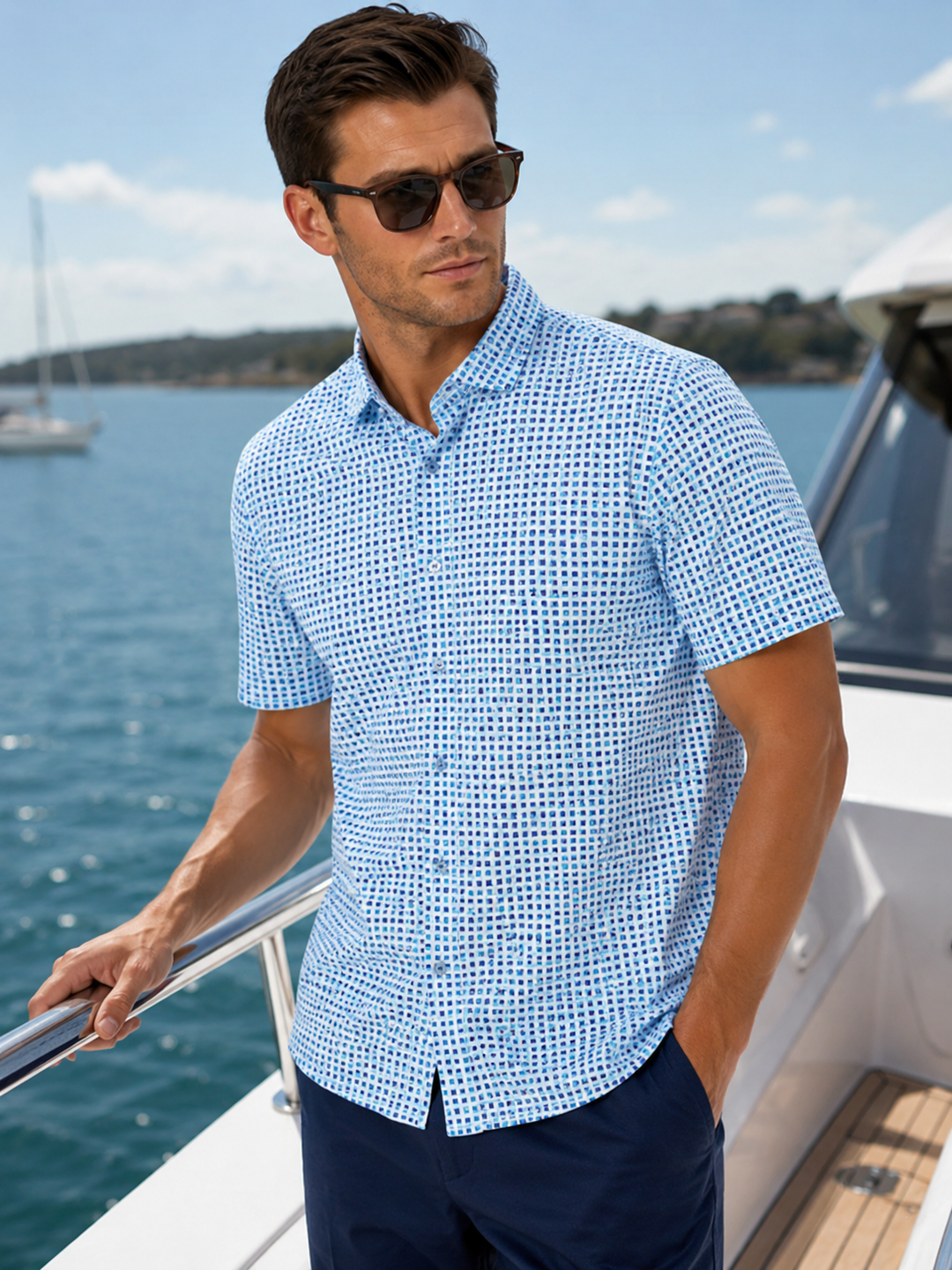 Man wearing aPalm Springs Short Sleeve shirt with a Navy Eagle Short on a boat with water and sky in the background