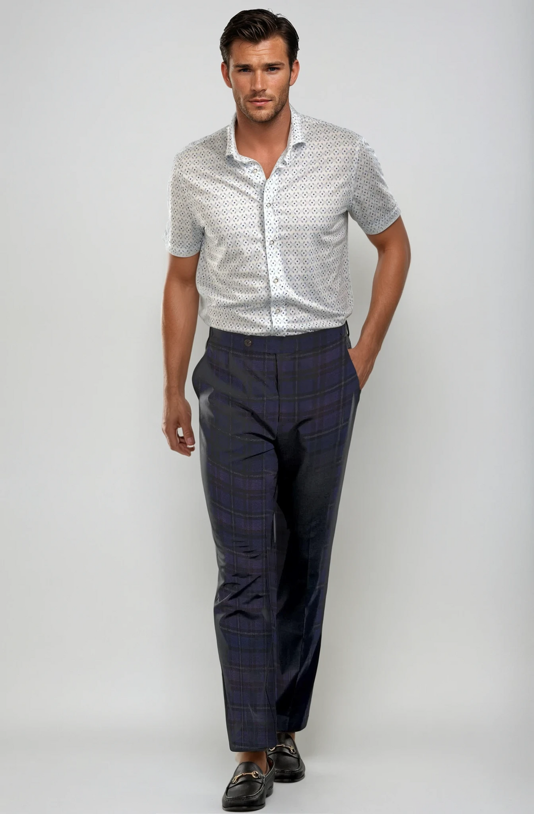 Pleated Wool Trouser Pants - Navy Plaid-PANTS-BUKI-M-Navy Plaid-Buki