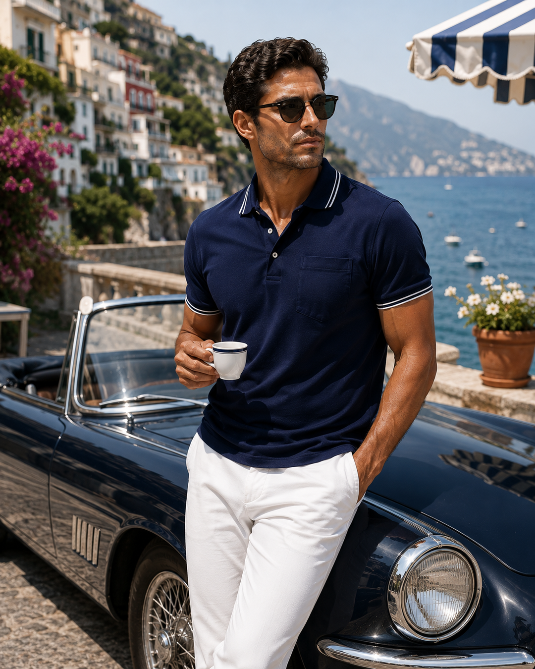 man in Buki Pocket Polo in Navy on the Amalfi Coast