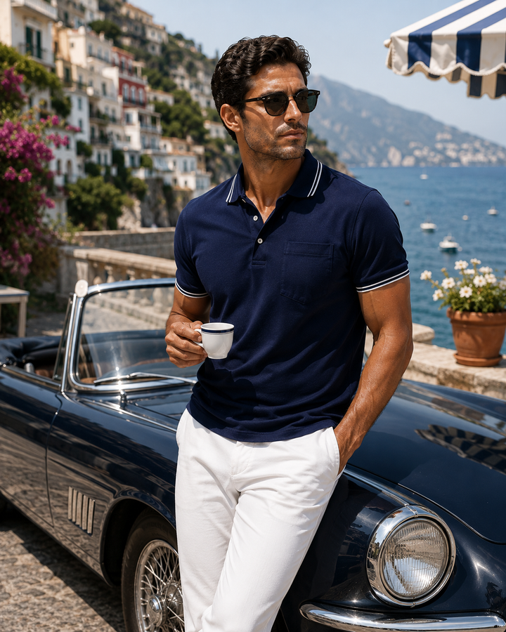 man in Buki Pocket Polo in Navy on the Amalfi Coast