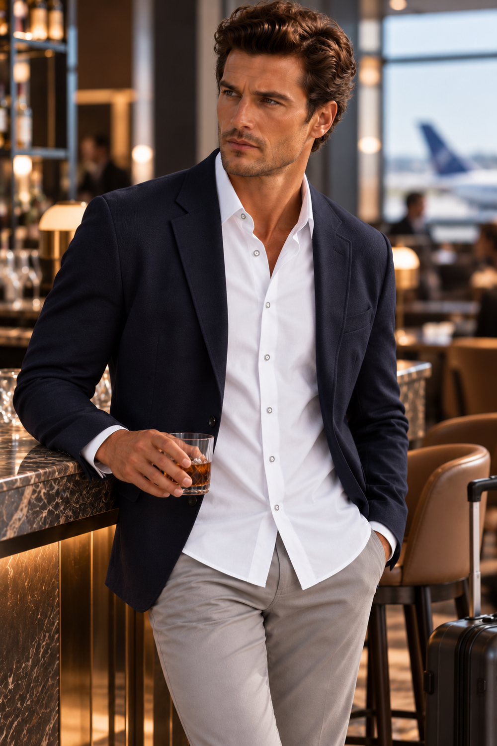 Buki Tavel Blazer in an airport setting in XL with the Single Shot in white 