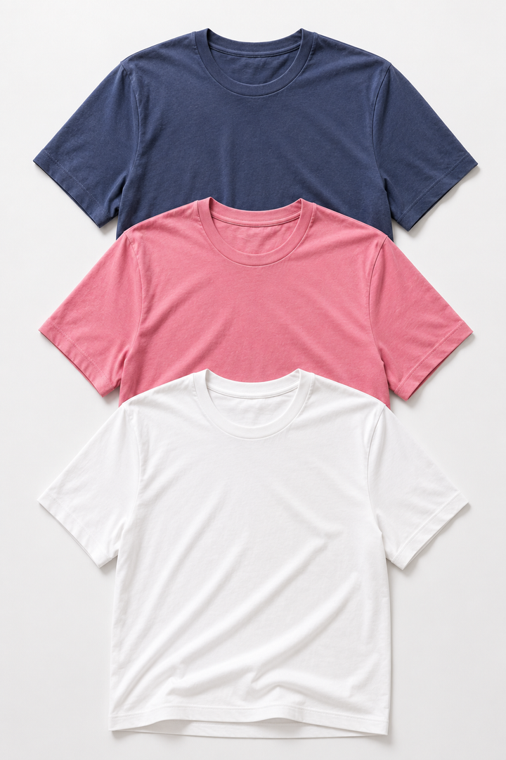 Buki Cinqo T-shirts in Slate Rose, Blue and White in a flat lay