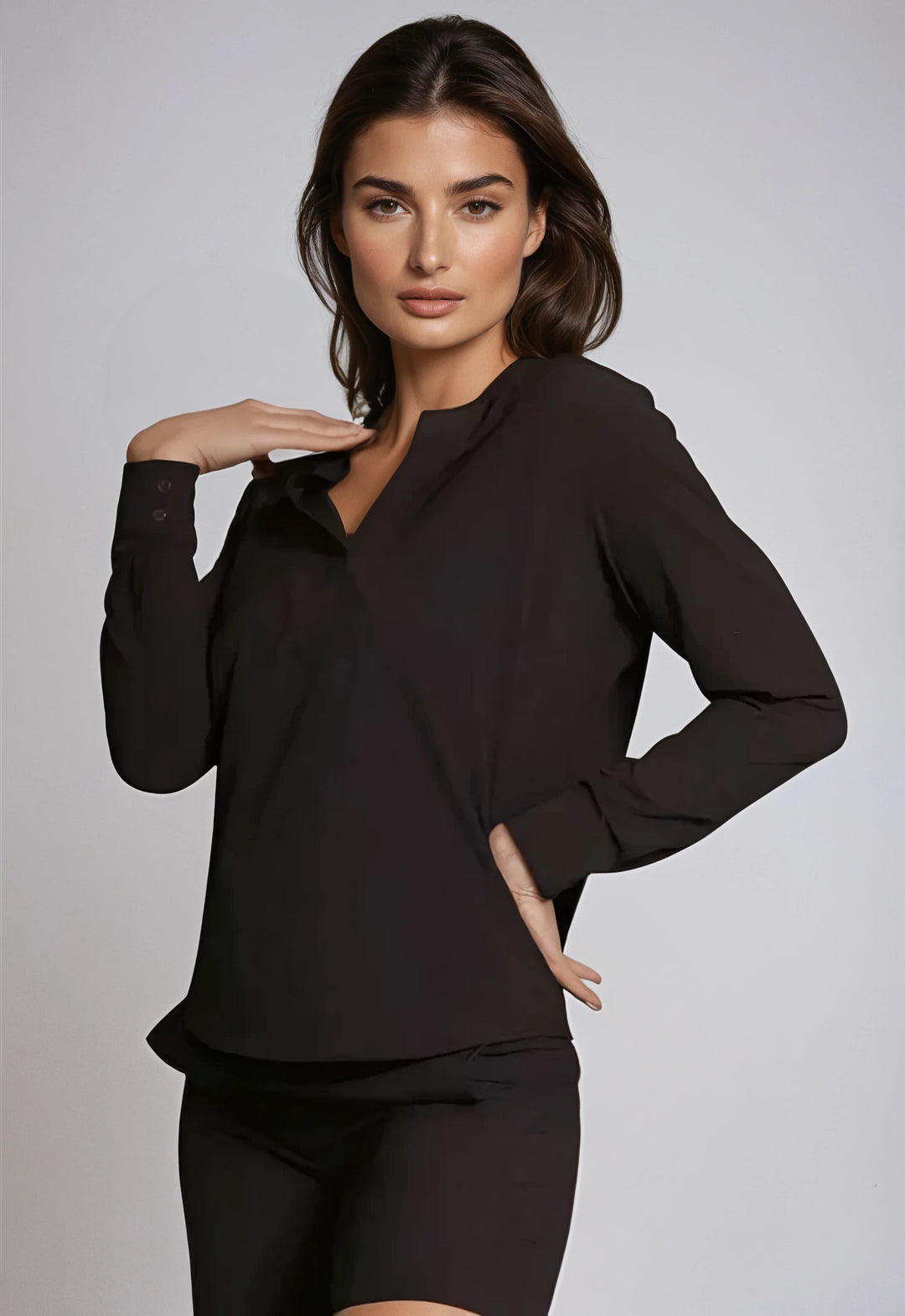 Resort Vee Popover Shirt - Black-SHIRTS & BLOUSES-BUKI-XS-Black-Buki