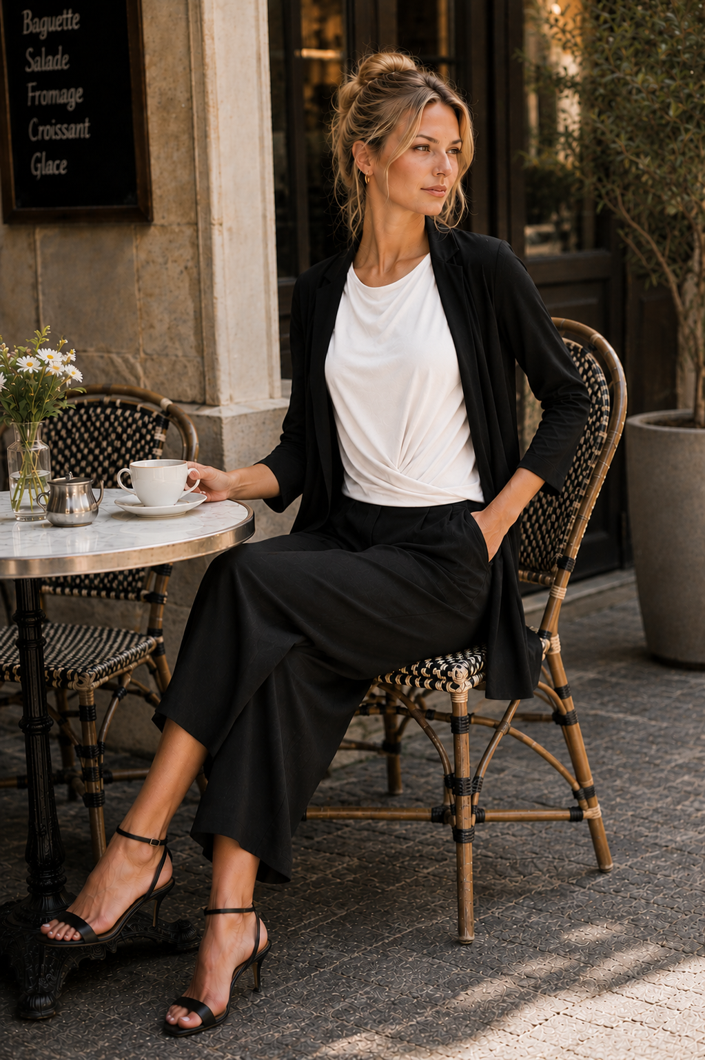 Woman sitting at an outdoor cafe table wearing a Buki Travel Duster and white boss crew shirt with Resort Pant.