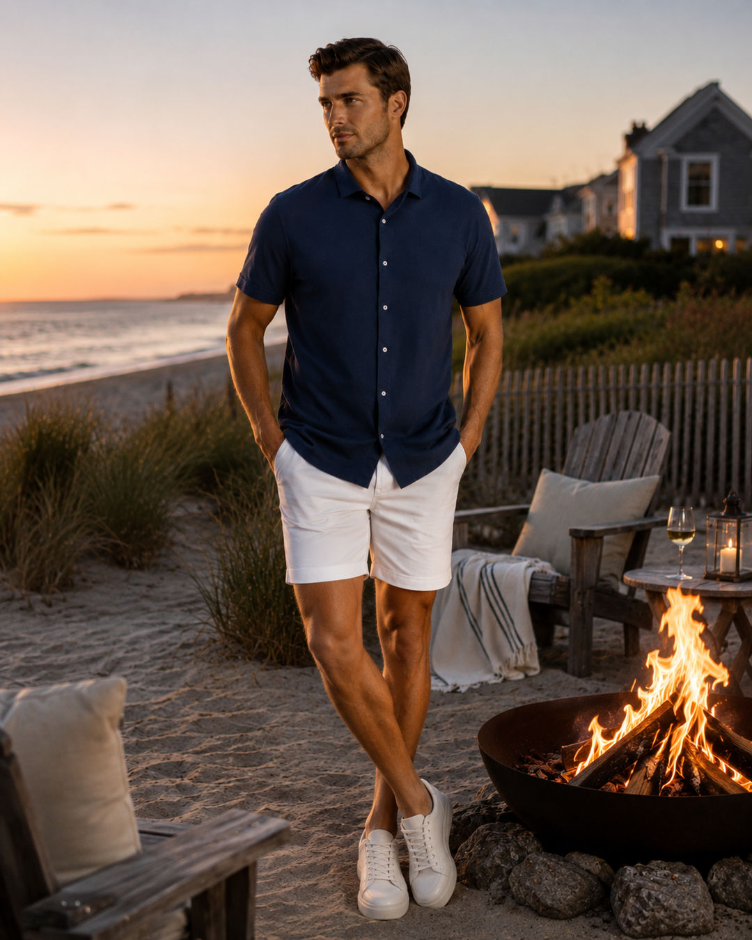 A man stands on a beach at sunset wearing a Single Shot Blue-Night short-sleeve button-up shirt, white Eagle shorts, and white sneakers. A fire pit with flames, patio chairs, and the ocean are visible in the background.
