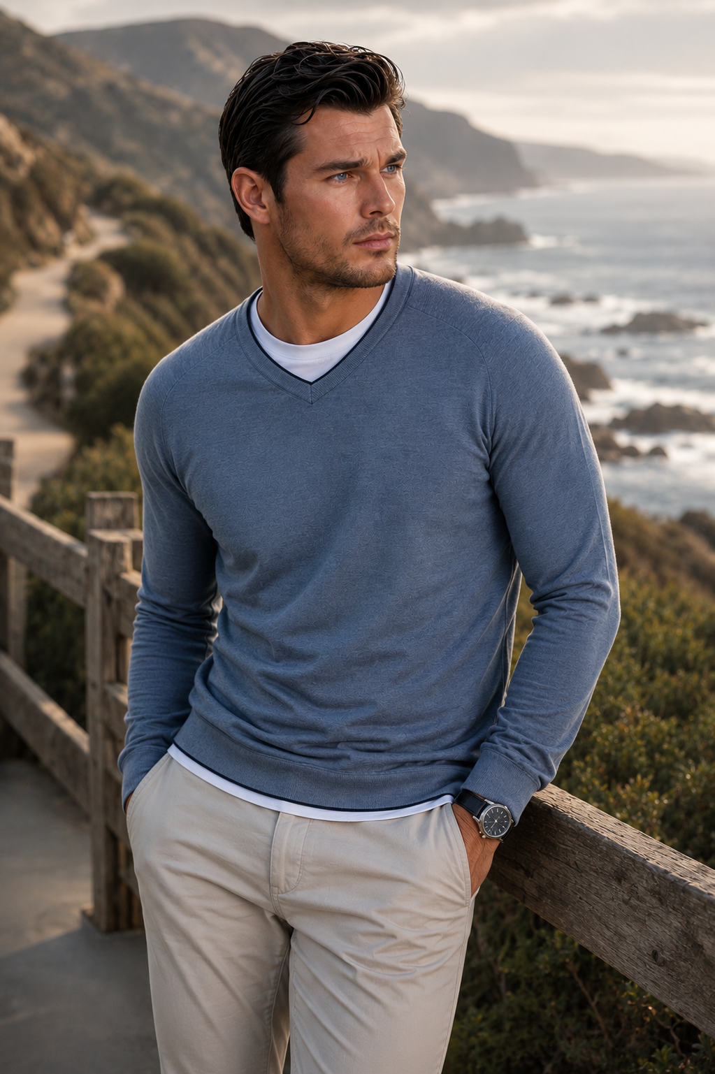 Buki Soft Knit Sweater on a man at sunset