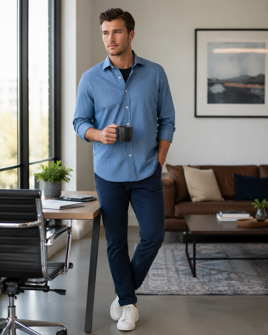 Man in a navy Studio Dot Tech Buki Shirt witha high five Navy Pant Lifestyle shot