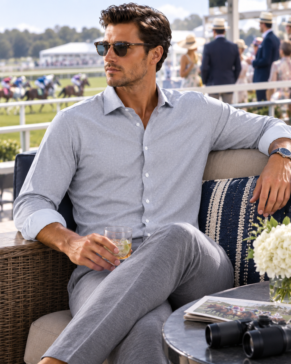 Man in a Silver Studio Dot Tech Buki Shirt witha high five Heather Grey Pant Lifestyle shot
