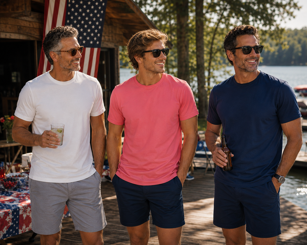 Three men standing on a dock by a lake, wearing sunglasses and Buki Cinqo T-shirts in Slate Rose, White and Navy