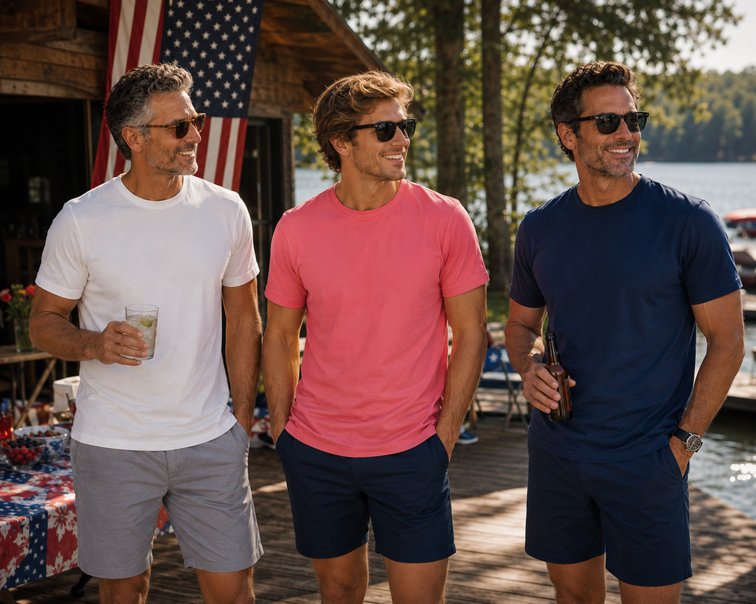 Three men standing on a dock by a lake, wearing sunglasses and Buki Cinqo T-shirts in Slate Rose, White and Navy