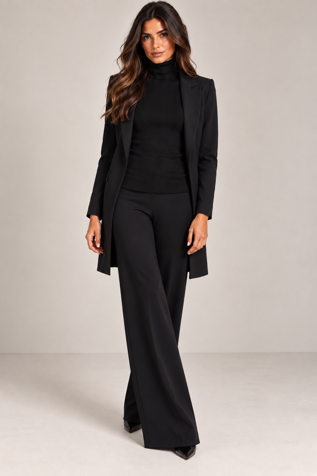 Model wearing Buki Marta Pant Collagen Turtleneck and Travel Duster XS