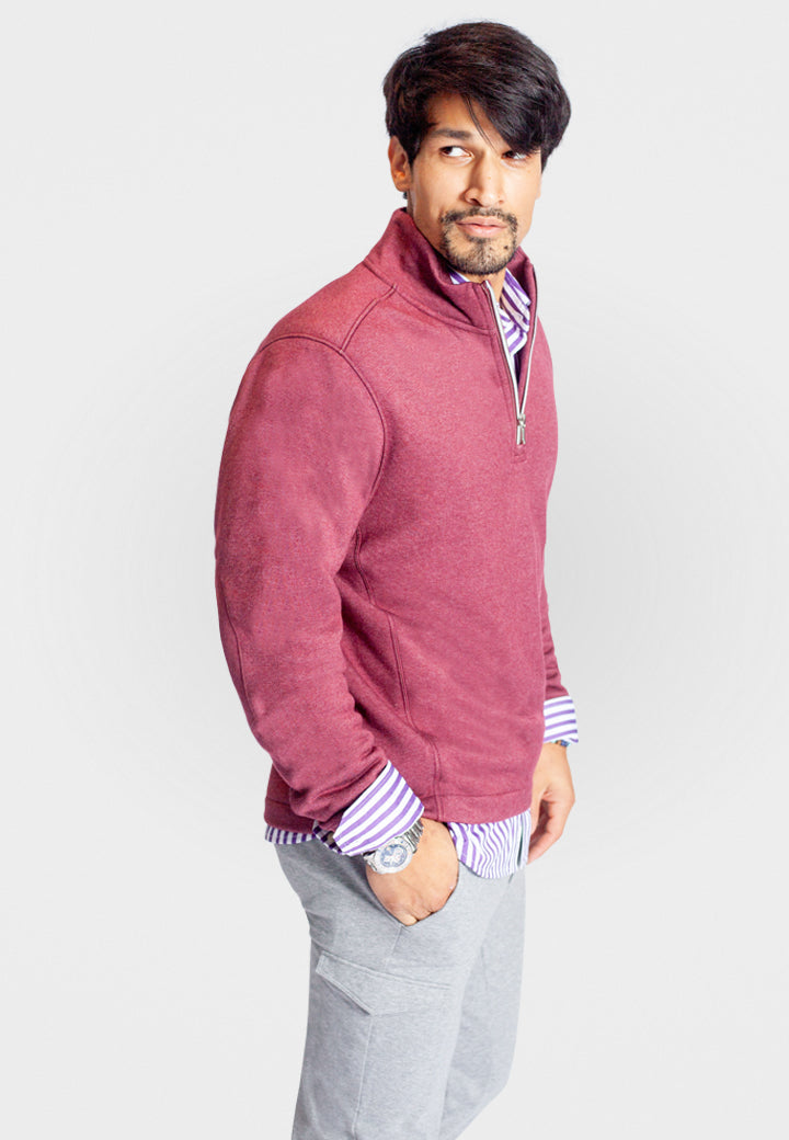 Voey Quarter Zip Sweatshirt in Wine, side -Buki