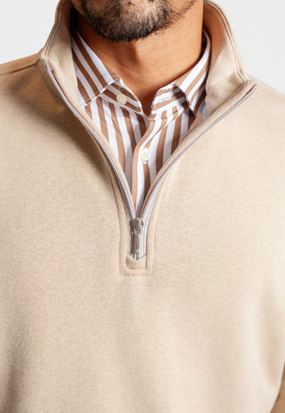 Voey Quarter Zip Sweatshirt in Camel, detail -Buki