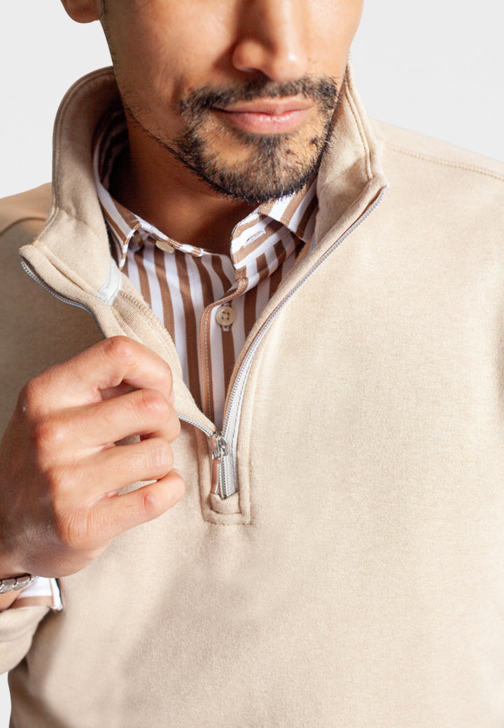 Voey Quarter Zip Sweatshirt in Camel, close up-Buki