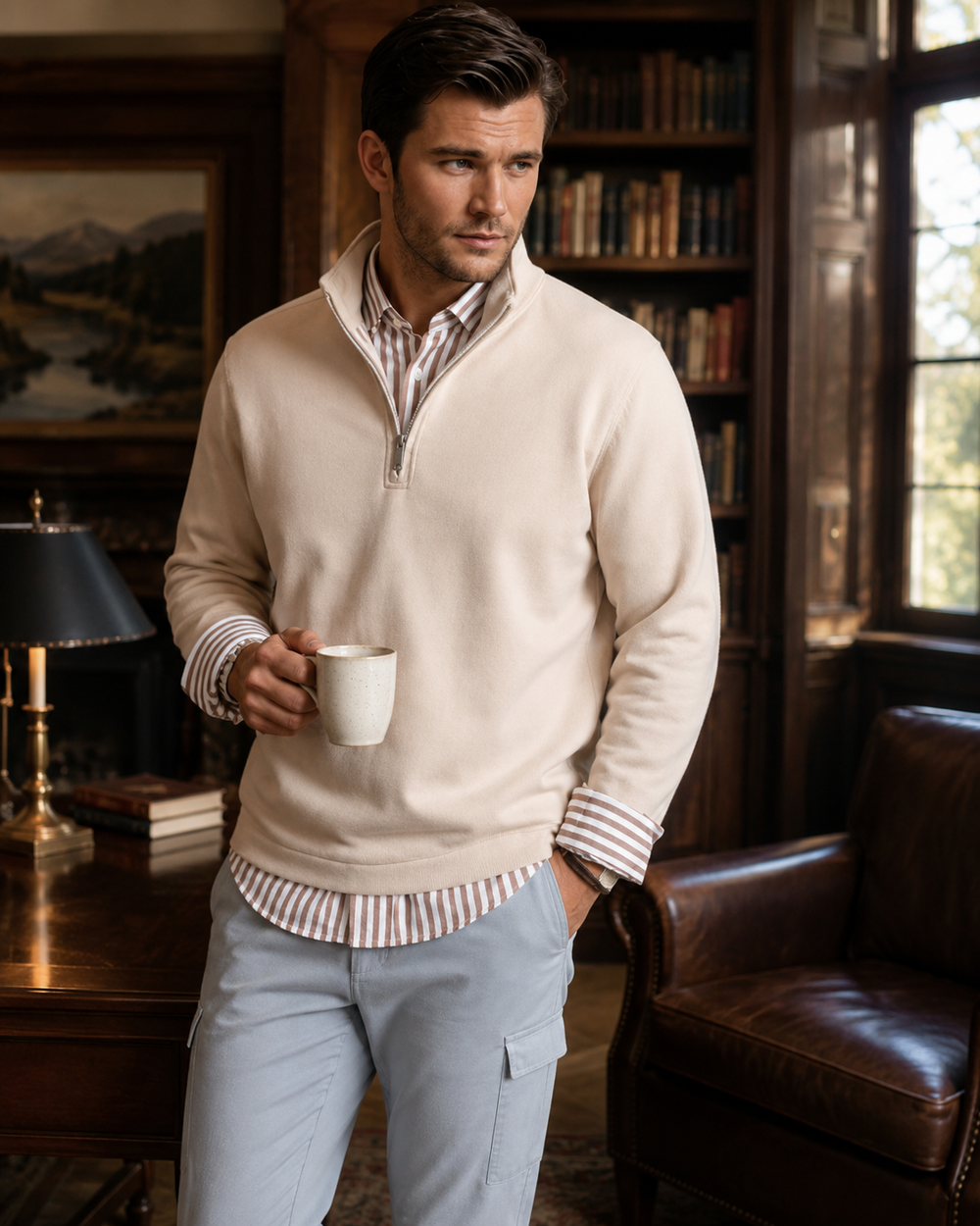 Man in a Voey Quarter Zip and a Go Big Stripe  holding a mug in a cozy room with bookshelves and a leather chair. 