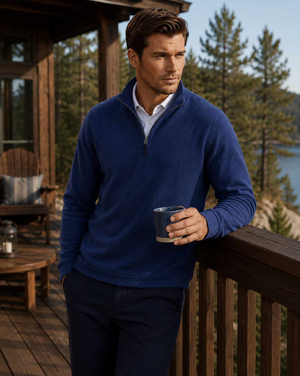 Man in a Buki Tokyo Blue Voey Quarter Zip with White Cinqo Polo  holding a mug on a wooden deck with a scenic scene background