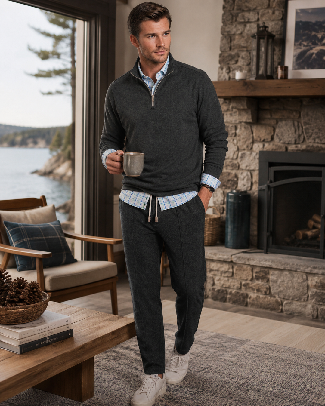 Voey Quarter Zip with Getaway Pant and a  Pacific Grid at his weekend cabin


