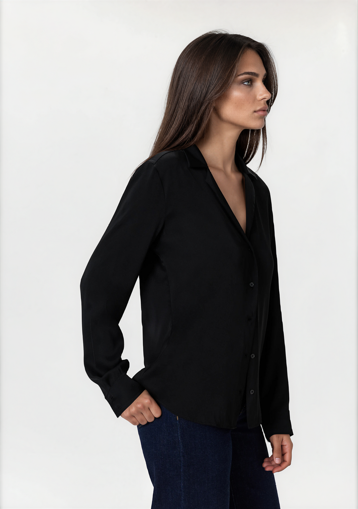 Washable Stretch Silk Long Sleeve Notch Collar Blouse - Black-SHIRTS &amp; BLOUSES-BUKI-Black-XS-Buki