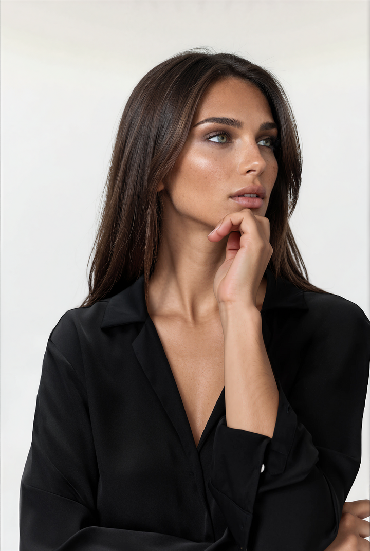 Washable Stretch Silk Long Sleeve Notch Collar Blouse - Black-SHIRTS &amp; BLOUSES-BUKI-Black-XS-Buki