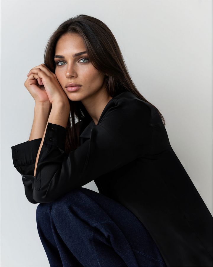 Washable Stretch Silk Long Sleeve Notch Collar Blouse - Black-SHIRTS &amp; BLOUSES-BUKI-Black-XS-Buki