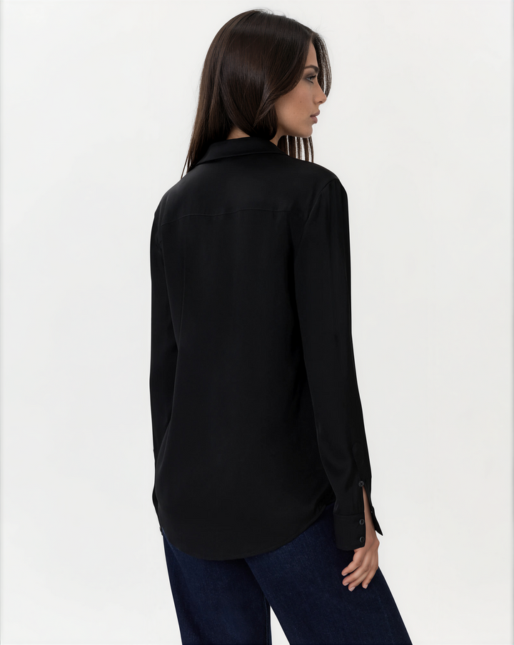 Washable Stretch Silk Long Sleeve Notch Collar Blouse - Black-SHIRTS &amp; BLOUSES-BUKI-Black-XS-Buki