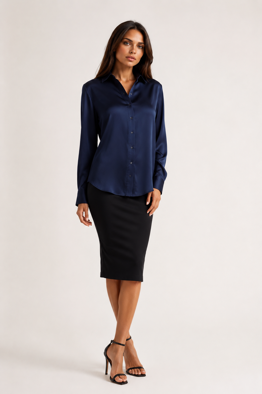 Washable Silk Long Sleeve Blouse - Navy-SHIRTS &amp; BLOUSES-BUKI-Navy-XS-Buki