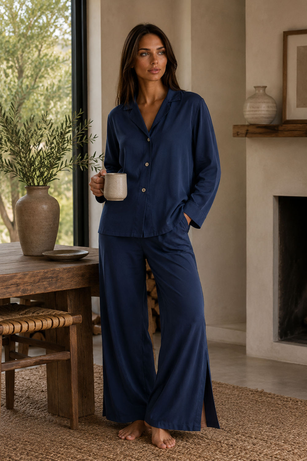 Woman in Washable SIlk Lounge Set Long SLeeve Indigo holding a mug in a cozy room with a fireplace and table