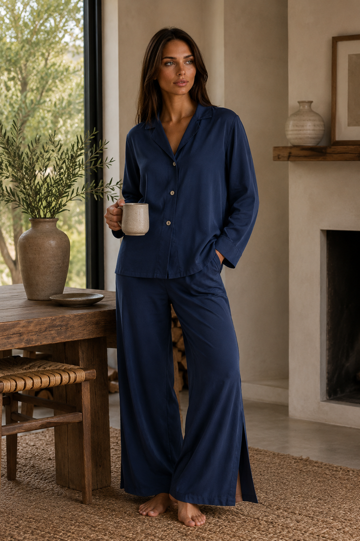 Woman in Washable SIlk Lounge Set Long SLeeve Indigo holding a mug in a cozy room with a fireplace and table