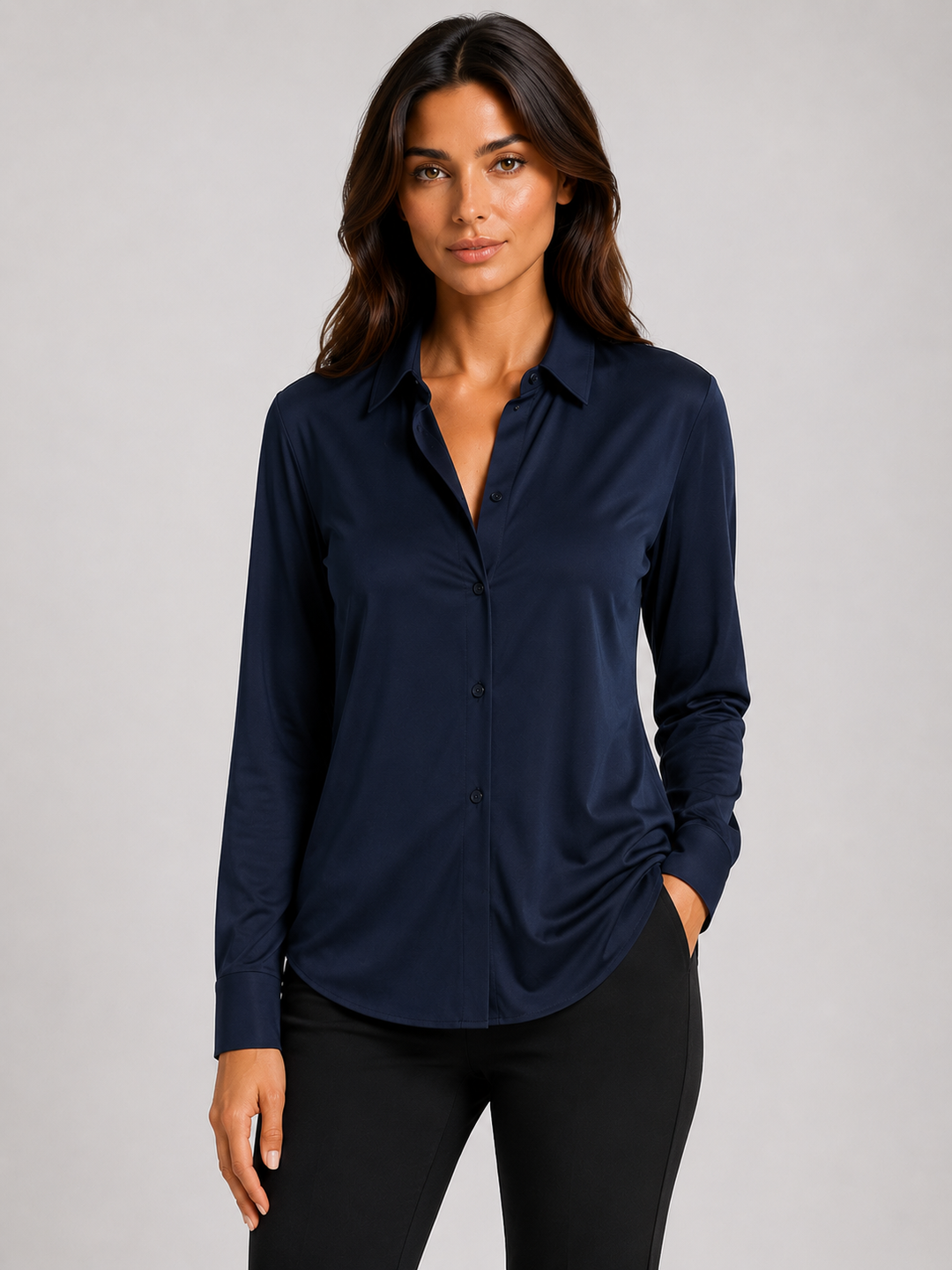 Washable Stretch Silk Blouse - Navy-SHIRTS & BLOUSES-BUKI-Navy-XS-Buki 