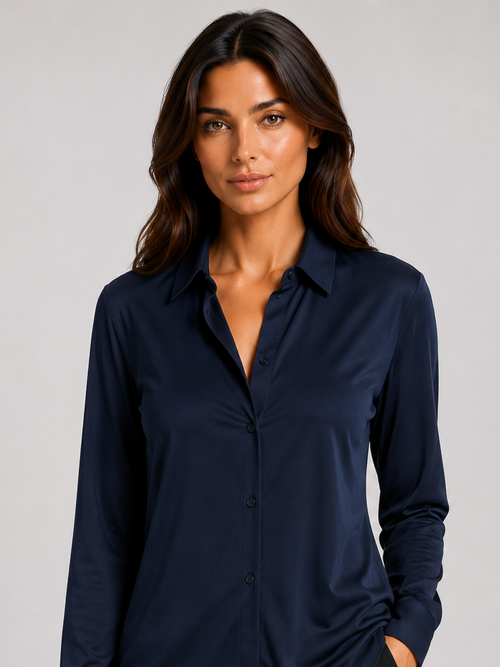 Washable Stretch Silk Blouse - Navy-SHIRTS &amp; BLOUSES-BUKI-Navy-XS-Buki 