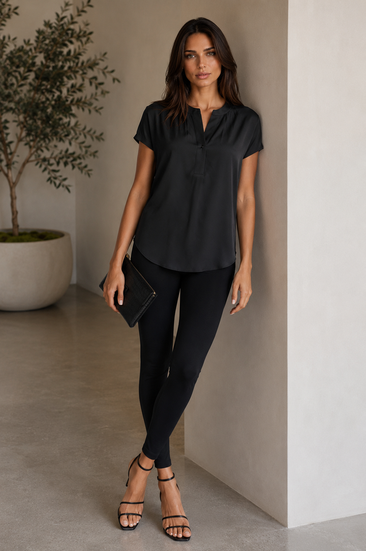 Washable Silk Dolman Short Sleeve Blouse - Black-SHIRTS &amp; BLOUSES-BUKI-Black-XS-Buki