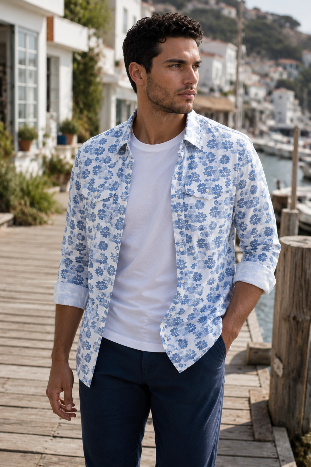 Man wearing Buki Western Floral shirt worn open
