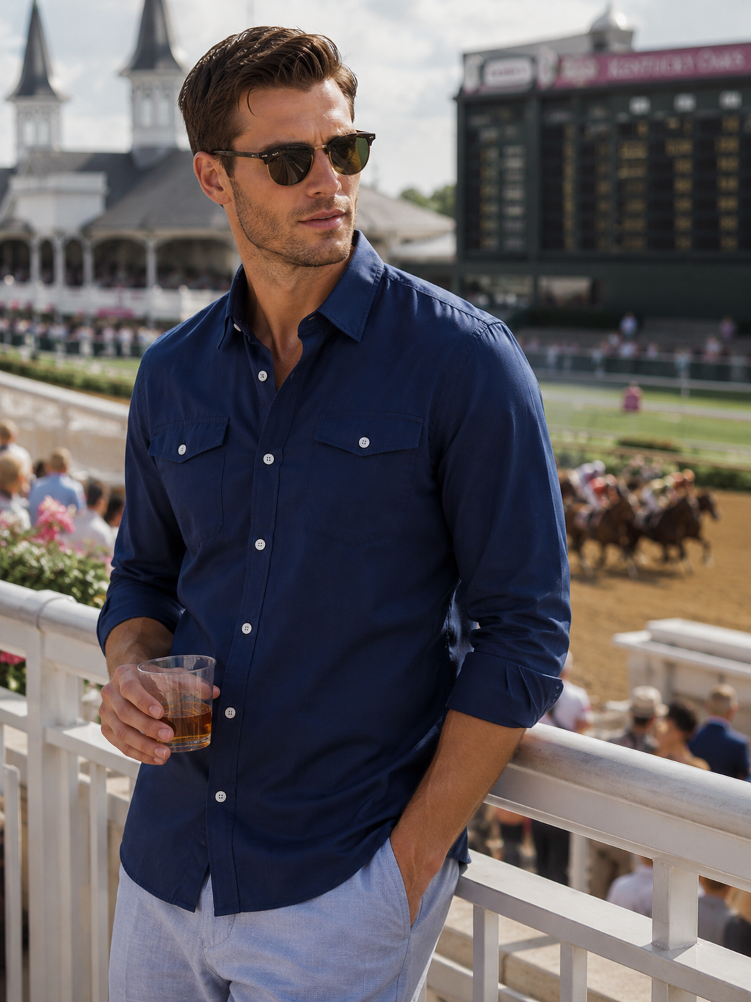 Man in a navy Buki Western shirt and sunglasses holding a drink at a horse race track.
