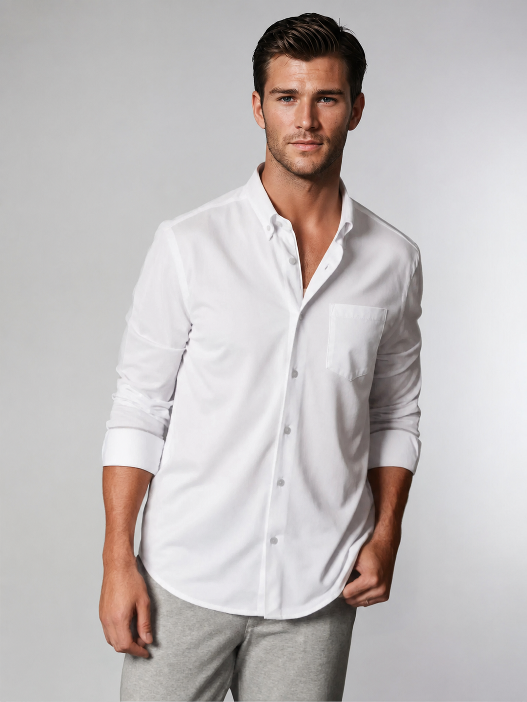 Classic White Long Sleeve Button Down Tech Shirt-LONG SLEEVE SHIRTS-BUKI-M-White-Buki