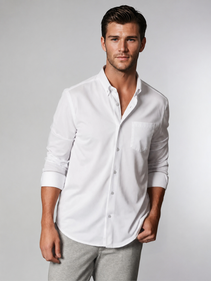 Classic White Long Sleeve Button Down Tech Shirt-LONG SLEEVE SHIRTS-BUKI-M-White-Buki