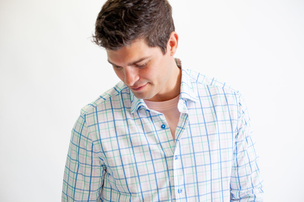 pacific grid shirt with dusty rose tshirt