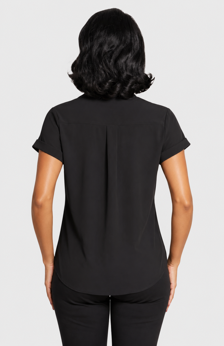 Resort Vee Short Sleeve Popover Shirt - Black-SHIRTS &amp; BLOUSES-BUKI-XS-Black-Buki