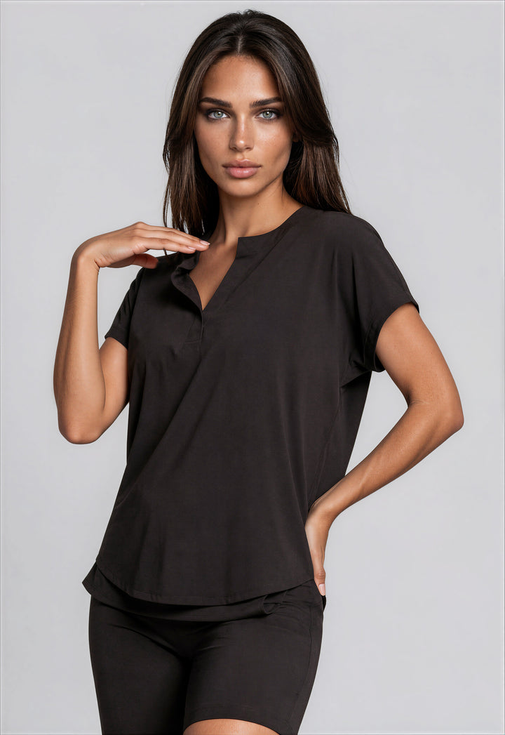 Resort Vee Short Sleeve Popover Shirt - Black-SHIRTS &amp; BLOUSES-BUKI-XS-Black-Buki