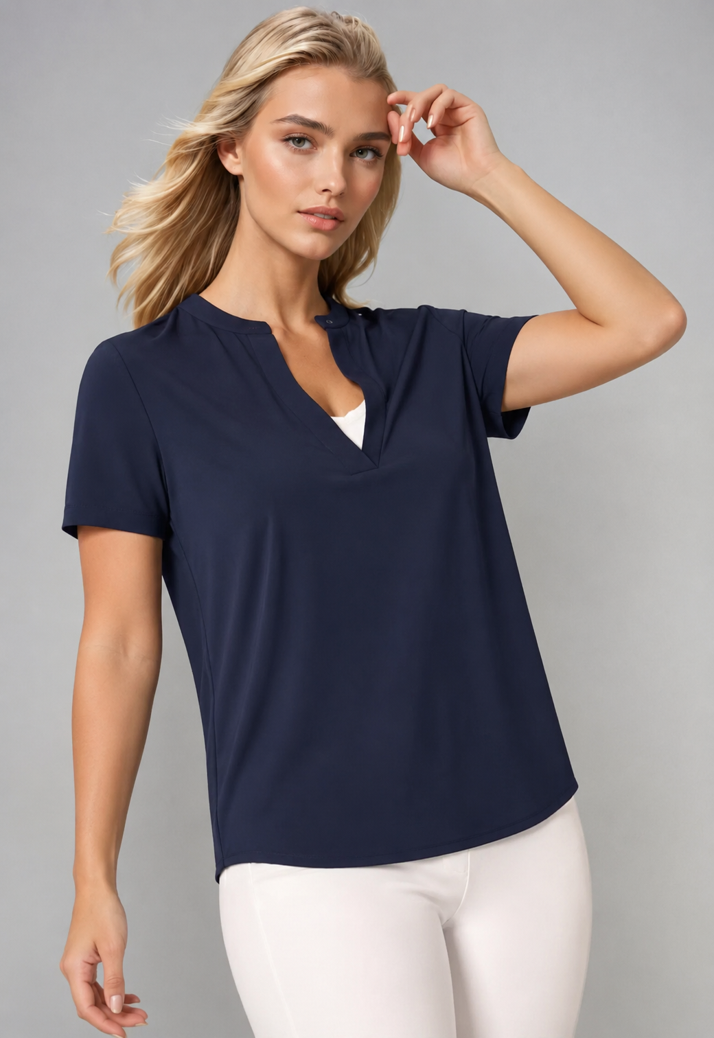 Resort Vee Short Sleeve Popover Shirt - Navy-SHIRTS &amp; BLOUSES-BUKI-XS-Navy-Buki
